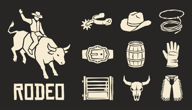 Vintage rodeo vector icons with bull rider and western equipment for branding