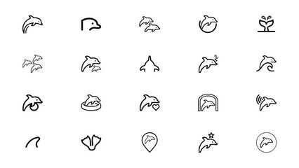 Creative linedrawn dolphin icons set featuring various playful and stylized underwater animal designs © Dabu