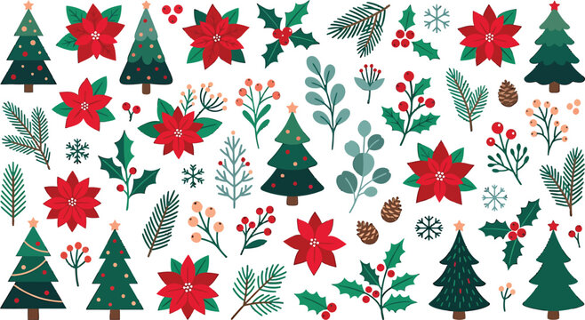 Christmas festive elements collection featuring poinsettia flowers pine trees holly leaves and winter berries in a flat vector style