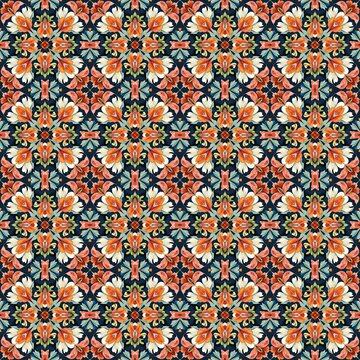 Seamless vintage damask pattern with intricate red floral mandalas and green vines. Luxury classic fabric design perfect for elegant wallpaper, textiles, and antique decor.