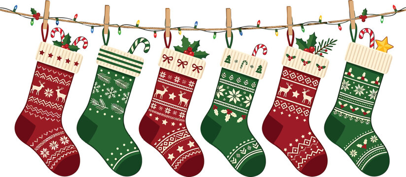 Christmas stockings hanging on a rope with festive patterns and holiday decorations as a seasonal vector illustration design