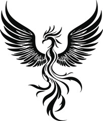 Fototapeta premium Ultra clean vector line art, bold black outline only, thick stroke, phoenix with elegant spread wings, perfectly symmetrical, single object, minimalist, centered composition, isolated on pure white ba