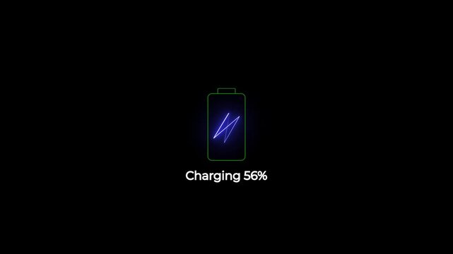 neon battery charging animation with animated lightning icon and percentage counter.