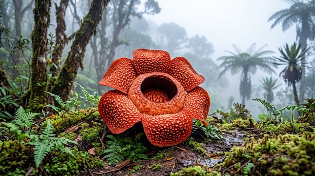Giant red Rafflesia flower blooming in a misty tropical rainforest