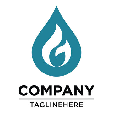 Teal water drop logo with flame design and company tagline template icon