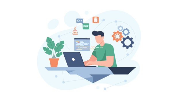 Smart software programmer typing on a laptop with floating web development logos of PHP, Java, C++, and gears.