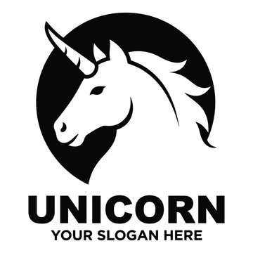 Unicorn head silhouette with horn and mane in circle logo design element icon