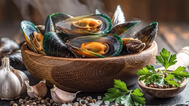 Fresh cooked mussels in wooden bowl with garlic and herbs