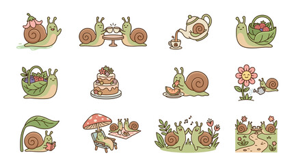 Cartoon snail character activity sticker set