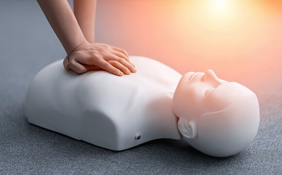 A person performs chest compressions on a CPR training dummy under bright light