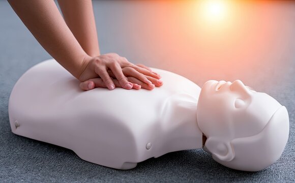 Practicing chest compressions on a medical dummy, promoting life-saving skills