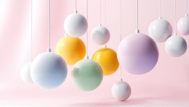 Pastel spheres suspended, soft lighting creates gentle ambiance. Minimalist composition, calming aesthetic, delicate color palette.