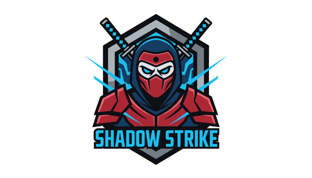 Powerful ninja mascot logo holding twin katana swords inside a metal shield wishing a dark shadow strike.