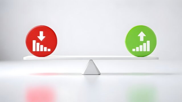 Minimalist seesaw balance scale weighing red downward loss chart circle against green upward profit chart circle on white background