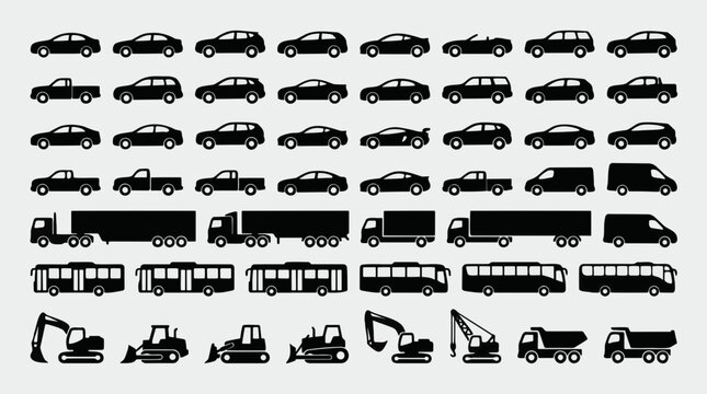 Collection of Black Silhouette Icons of Various Vehicles and Transportation