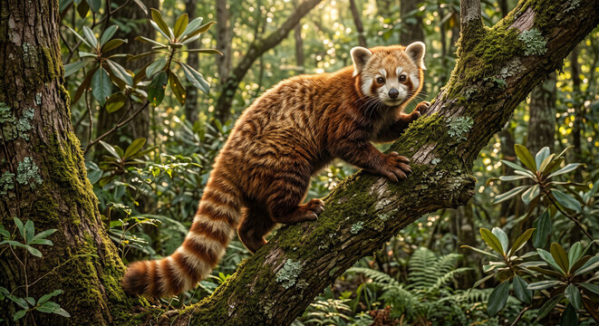 An adorable red panda with fluffy fur and a striped tail climbs a mossy tree branch in a lush green forest during daytime