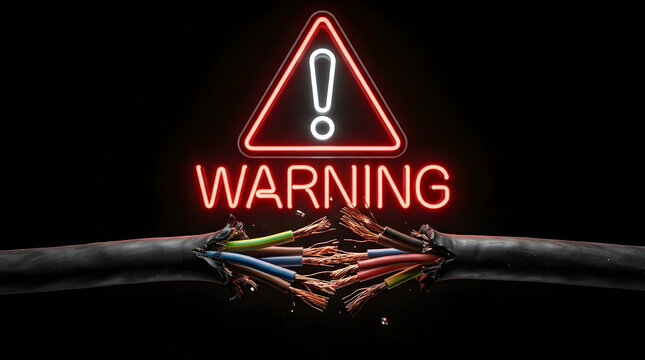 Damaged black electrical cable with exposed and frayed copper wires in front of a glowing red triangular warning sign with exclamation mark on a dark background, broken cable, exposed wires