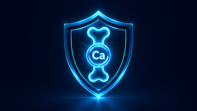 Glowing blue neon bone shield icon with calcium symbol inside. Concept of orthopedic healthcare technology, digital mineral supplement, and virtual skeletal biology.