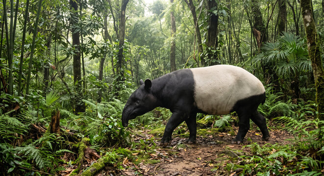 Malayan tapir walking on a dirt path through a lush green tropical rainforest jungle environment horizontal