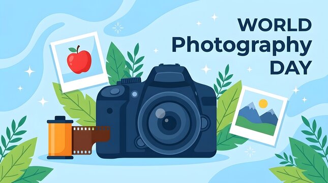 Flat design graphic for world photography day featuring retro camera, pictures