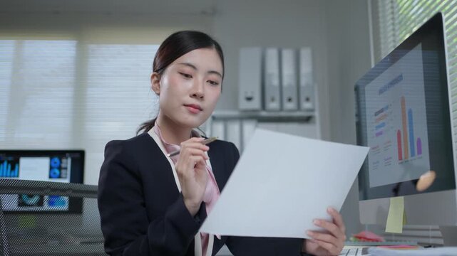 Professional Asian businesswoman sitting at her desk, meticulously reviewing documents and analyzing financial charts on her computer monitor while thoughtfully formulating a new business strategy