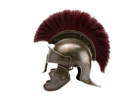 Weathered bronze Roman-style helmet with a dense red crest, ornate cheek guards, and engraved details, isolated on a transparent background for historical, costume, and game designs.