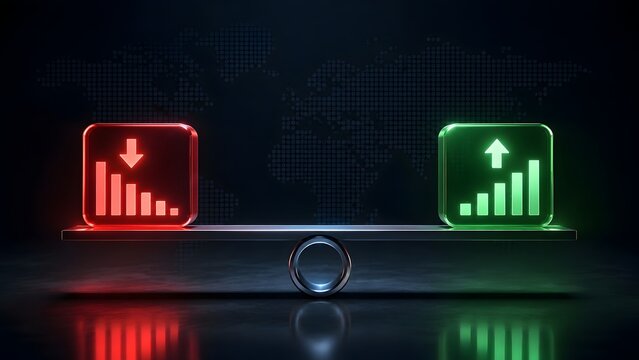 Balance scale weighing glowing red downward loss chart block against green upward profit chart block on dark background with world map