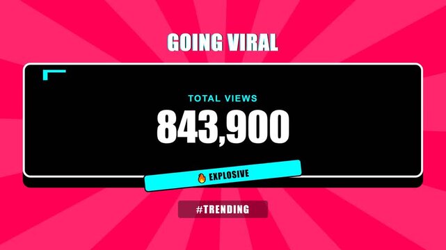 Viral social media view count graphic, dynamic display of increasing views on a trendy pink background with a black screen and white text, symbolizing online popularity and trending content