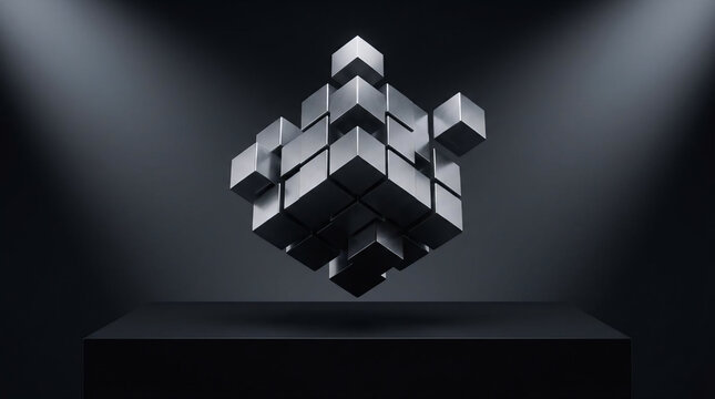 Automatizacion conceptual design featuring a floating metallic cube assembly in a dark studio setting to represent modern technology and system efficiency.