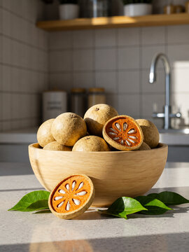Wood Apple (Bael) Fruits in Wooden Bowl with Fresh Green Leaves on Kitchen Counter