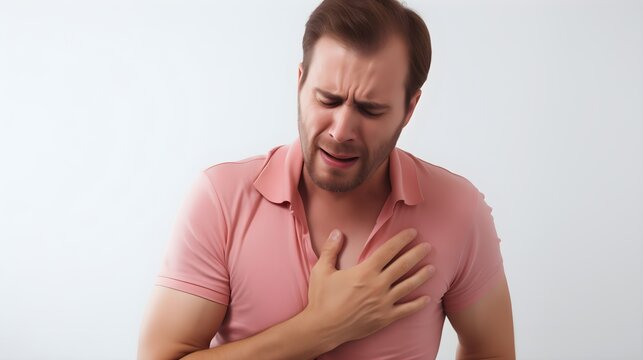 man suffering from sudden chest pain and a heart attack, clutching his chest in medical distress as a severe emergency health symptom.
