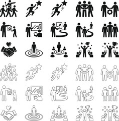 Fototapeta premium Collection of teamwork and success flat icons in black silhouette