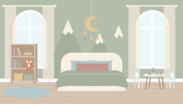 Cozy children bedroom interior with mountain wall murals, a comfortable double bed, a wooden bookshelf, and a play table.