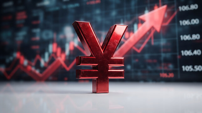Red shiny yen currency symbol standing on white table with blurry red financial trading chart showing growth and upward trend in background for business investment.