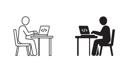 Fototapeta premium Two black and white showing a person sitting at a desk working on a laptop computer with code brackets displayed on the screen for programming