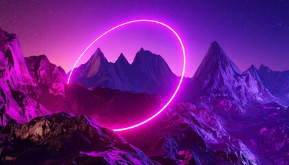 A glowing neon purple circle hovers over a majestic mountain landscape at night, creating a futuristic synthwave and cyber aesthetic in a cosmic sci-fi dreamscape