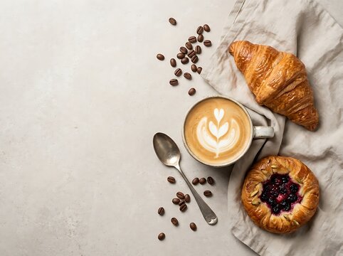 A cup of coffee with a croissant and a berry tart on a light table. kaffe pause