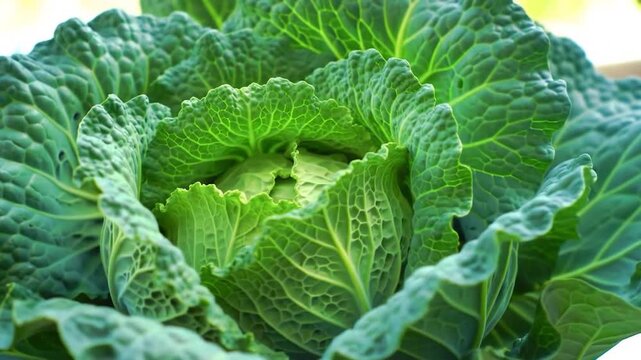 Fresh green Savoy cabbage head with crinkled leaves growing in a bright outdoor garden
