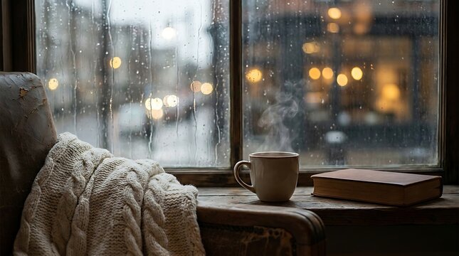 Cup of coffee and a book on a window sill on a rainy evening with warm city lights. kaffe pause