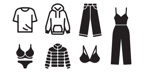 Clothing, apparel line icons set. Oversize t-shirt, hoodie, wide-leg jeans, puffer jacket, bra, jumpsuit flat minimal vector illustrations. Simple outline signs. 48x48 Pixel Perfect. Editable Stroke © MdMufassel