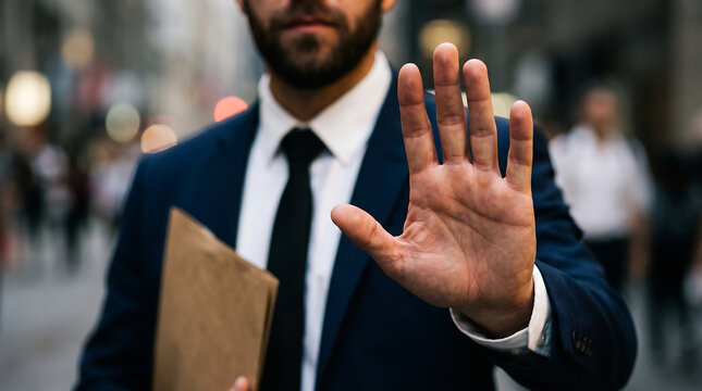 Man in a formal suit and tie holding a document and making a hand gesture to indicate stop in an office environment with businessman professional business corporate