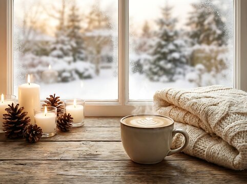 Warm coffee cup with candles and wool blanket on a wooden table near a window in winter. kaffe pause