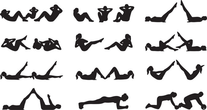 Black silhouettes showing people performing core exercises, crunches, leg raises, and plank variations on a white background