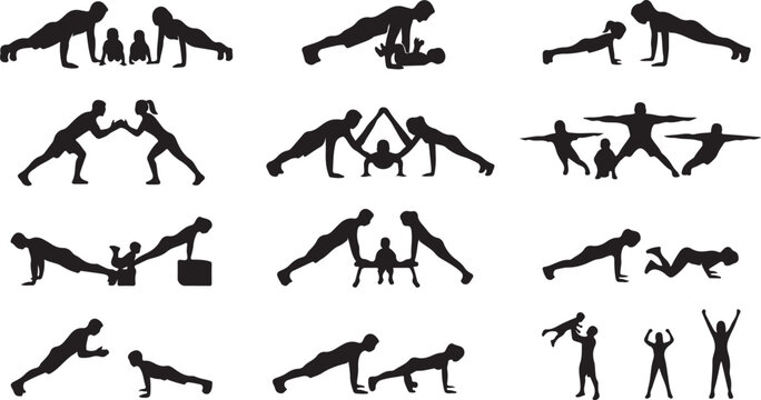 Collection of black silhouette showing families and children performing push-up exercises and various fitness activities on a white background