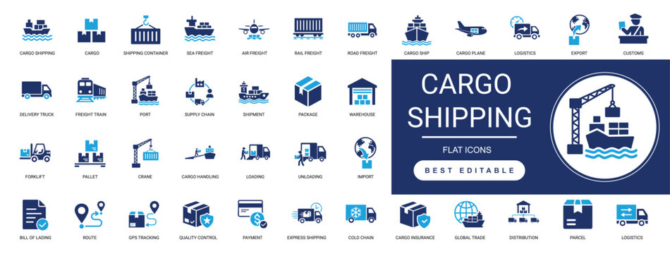 Cargo shipping solid icon set. Featuring freight, logistics, container, transport, delivery, shipment, warehouse, port, import, and export. Editable vector illustration.