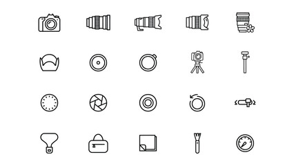 Fototapeta premium Collection of Minimalist Line Icons Featuring Photography and Camera Accessories on Transparent Background