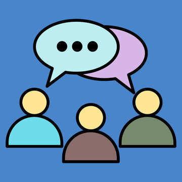 Three stylized figures converse with speech bubbles above them. Their expressions are neutral, suggesting thoughtful dialogue. The blue background keeps focus on the communication theme