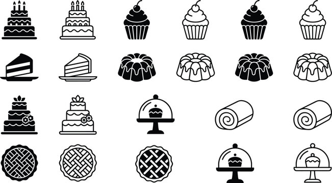 Sweet Bakery and Cake Icon Set Featuring Birthday Cakes Cupcakes Bundt Cakes Swiss Rolls and Pies in Solid and Line Art Styles