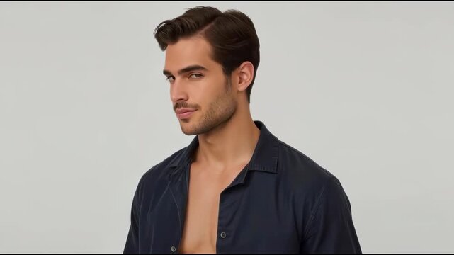 Handsome young man portrait with open dark shirt smiling confidently. male adult studio portrait