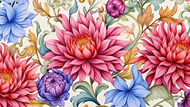 Digital vintage watercolor floral tile pattern abstract background